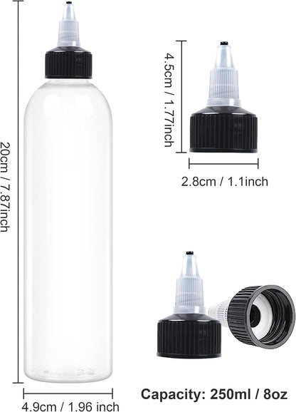 Plastic Squeeze Bottles with Twist Top Cap, 250ml Clear Dispensing Bottles, Empty Squirt Bottle for Liquids, Sauces, Arts, Crafts, Travel (1 Pcs/8oz)