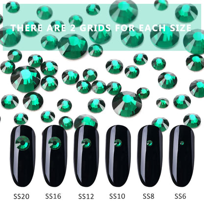Rhinestones Flatback for Bedazzling,Small to Big Rhinestones Diamonds Kit, Flat Back Crystals Gems for Nail Art and Crafts, Clothes (Dark Green)