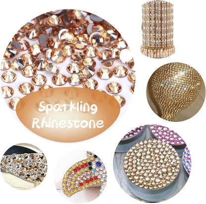 Rhinestones Flatback for Bedazzling,Small to Big Rhinestones Diamonds Kit, Flat Back Crystals Gems for Nail Art and Crafts, Clothes (Light Gold)