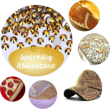 Rhinestones Flatback for Bedazzling,Small to Big Rhinestones Diamonds Kit, Flat Back Crystals Gems for Nail Art and Crafts, Clothes (Dark Gold)