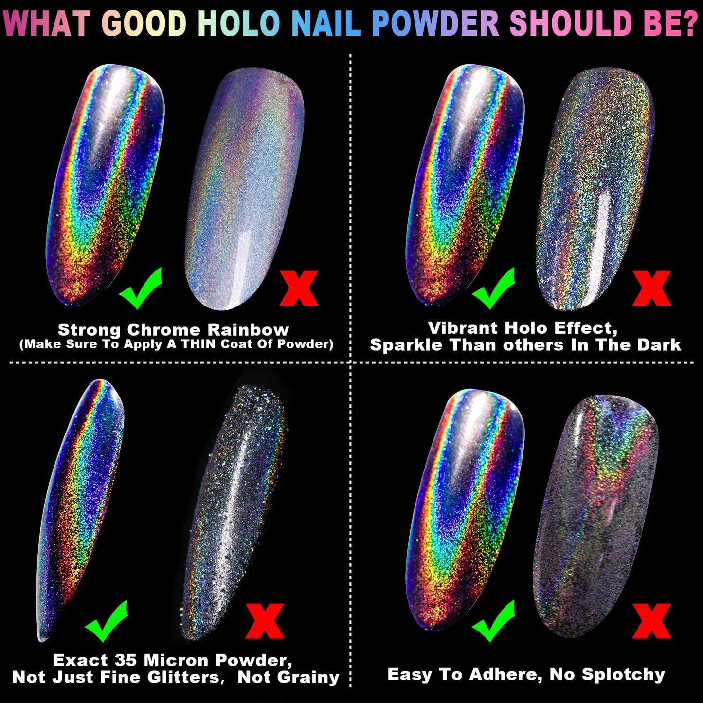 Holographic Nail Powder Fine Rainbow Holo Unicorn Mirror Laser Effect Multi Chrome Manicure Pigment Glitter Dust for Nail Art DIY Deco, 0.05oz/1g