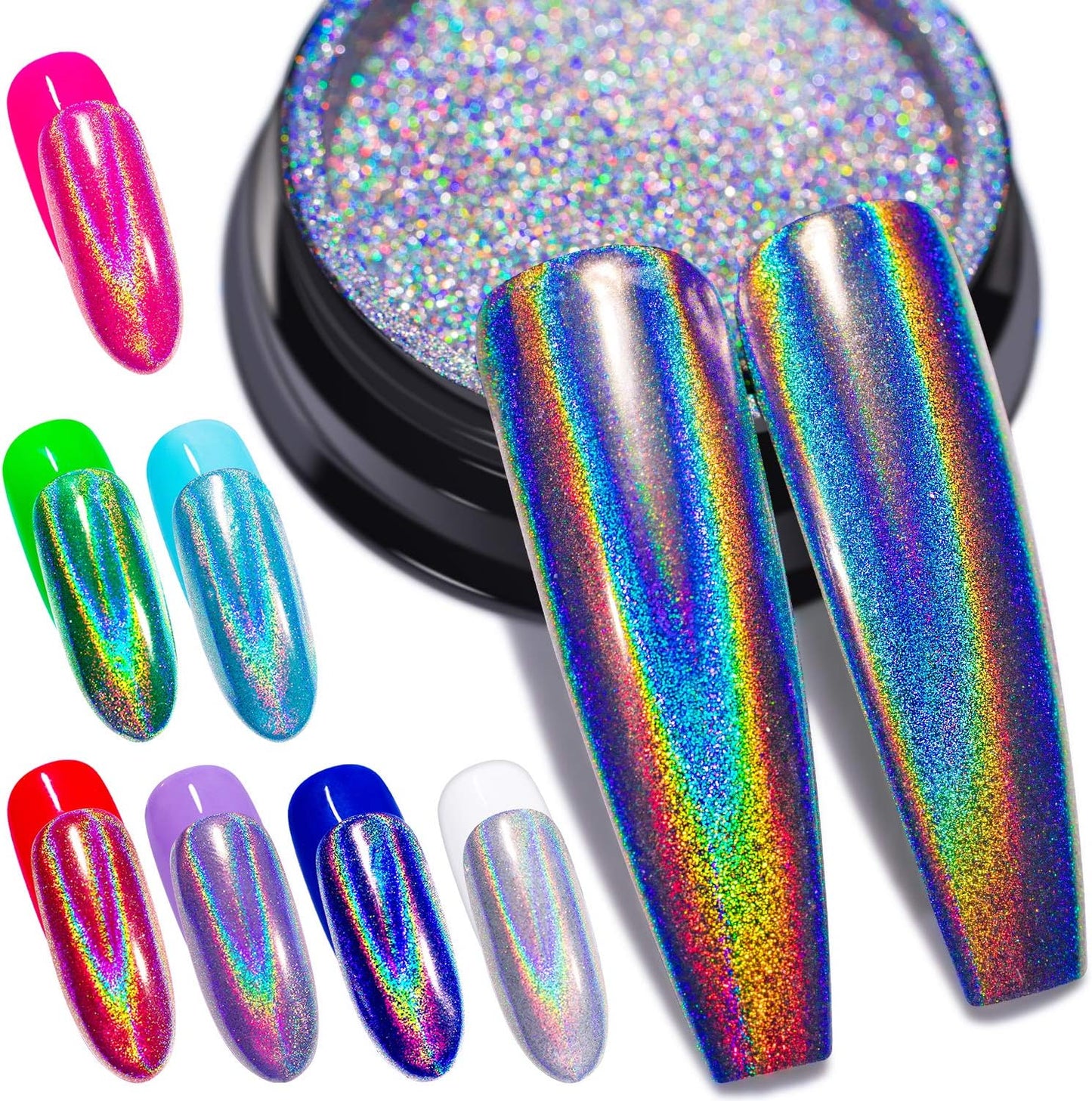 Holographic Nail Powder Fine Rainbow Holo Unicorn Mirror Laser Effect Multi Chrome Manicure Pigment Glitter Dust for Nail Art DIY Deco, 0.05oz/1g