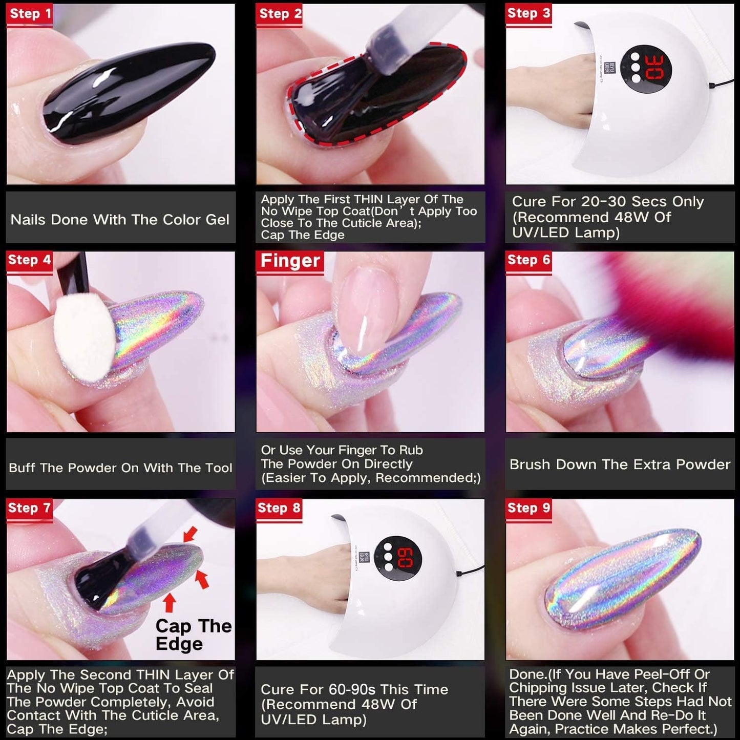 Holographic Nail Powder Fine Rainbow Holo Unicorn Mirror Laser Effect Multi Chrome Manicure Pigment Glitter Dust for Nail Art DIY Deco, 0.05oz/1g