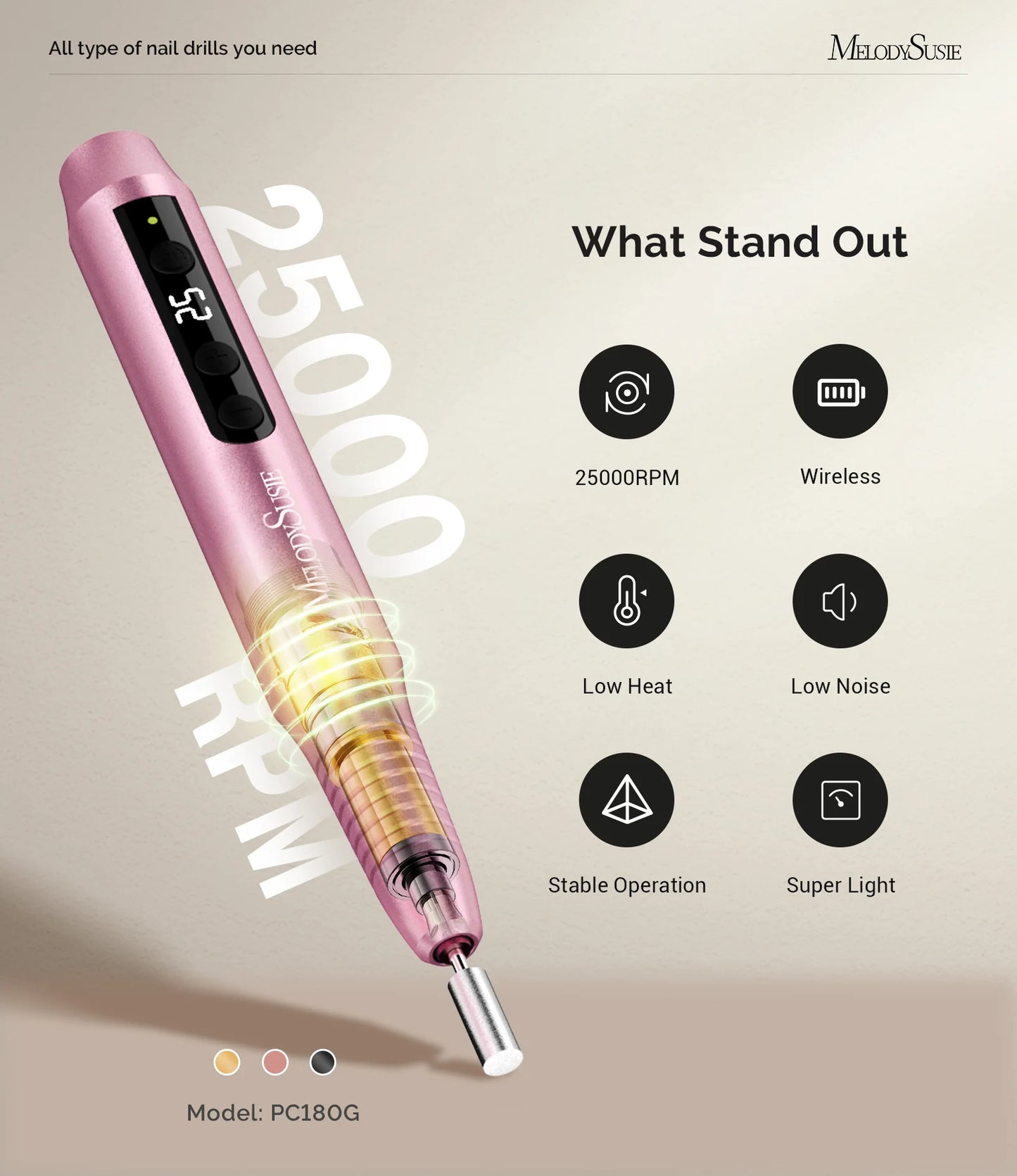 Portable Rechargeable Nail Drill PC180G/25000RPM - (Gold)