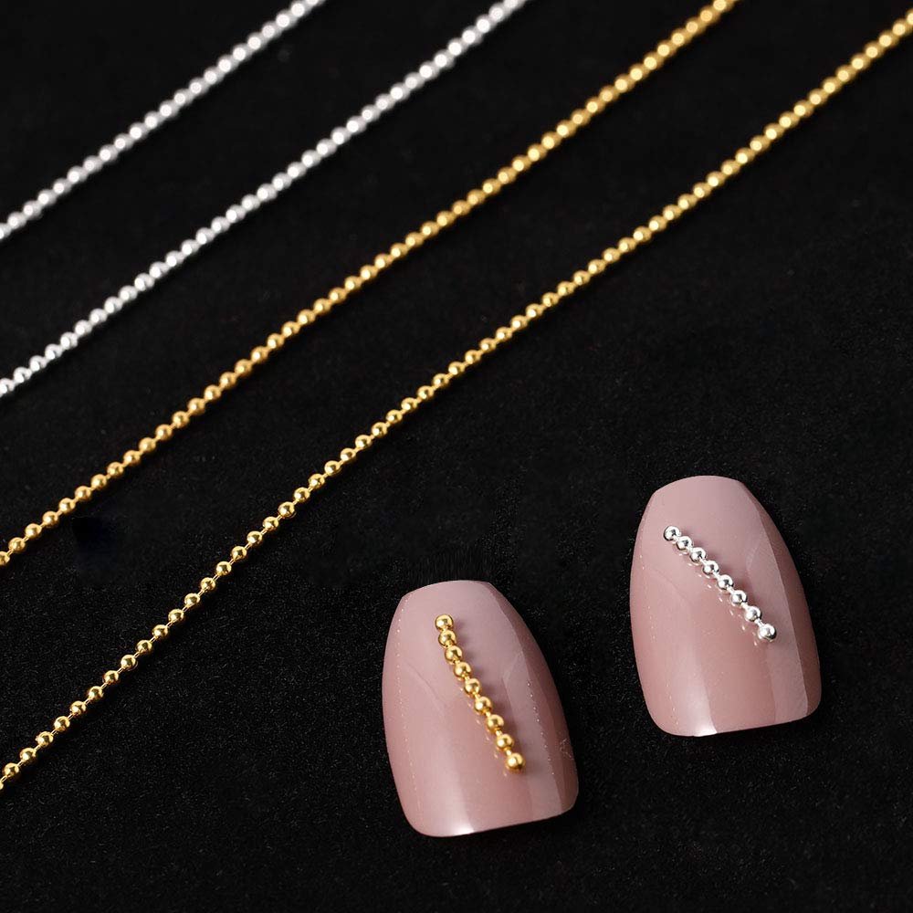 Gold & Silver Nail Art Metal Chain Bead Micro Nail Line Acrylic Tips DIY Decoration Nail Charms for Nails Metal Ball Chains Caviar Beads for Nails Beads Chains Accessories 1pcs
