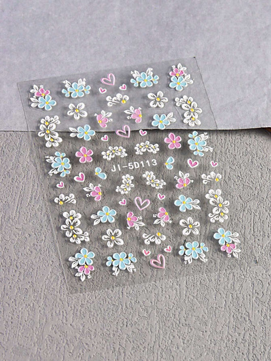 Embossed Flower Nail Art Stickers Decals Spring Summer Colorful Nail Supplies Nail Art Design Decoration Accessories 1 Sheets (JI-5D113)