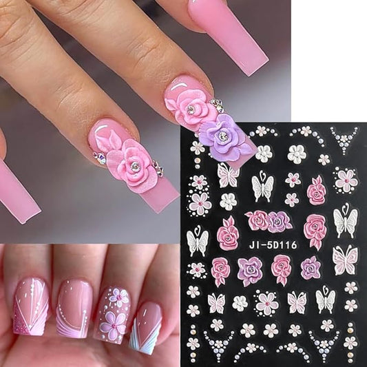 Embossed Flower Nail Art Stickers Decals Spring Summer Colorful Line Nail Supplies Nail Art Design Decoration Accessories 1 Sheets (JI-5D116)