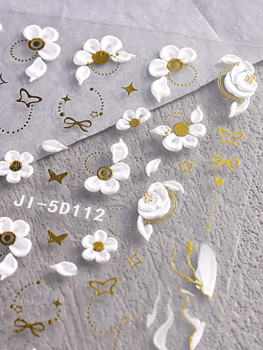 3D Embossed Flower Nail Art Stickers Decals Self-Adhesive Spring Summer Colorful Floral White Line Nail Supplies Nail Art Design Decoration Accessories 1 Sheets (JI-5D112)