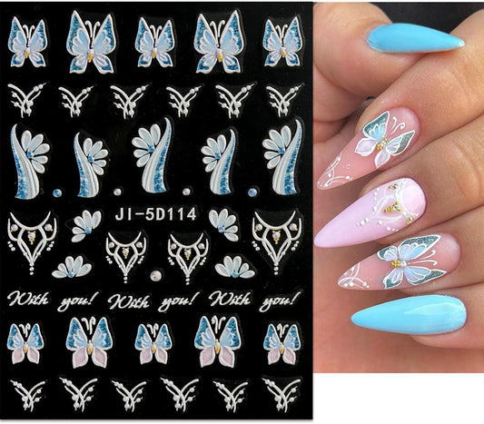 Embossed Flower Nail Art Stickers Decals Self-Adhesive 5D Spring Summer Colorful Floral White Line Nail Supplies Nail Art Design Decoration Accessories 1 Sheets (JI-5D114)