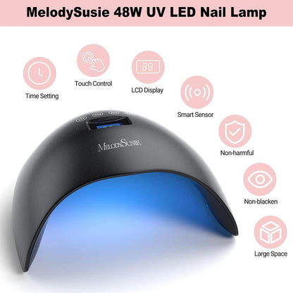 MelodySusie 48W LED UV Nail Lamp - Black, Energy Efficient, 365nm-405nm Wavelength, Compatible with Most Gels, 4 Timer Settings, Infrared Sensor, User-friendly Design, Widely Applications(P-Plus24T)