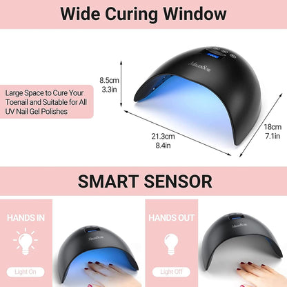 MelodySusie 48W LED UV Nail Lamp - Black, Energy Efficient, 365nm-405nm Wavelength, Compatible with Most Gels, 4 Timer Settings, Infrared Sensor, User-friendly Design, Widely Applications(P-Plus24T)