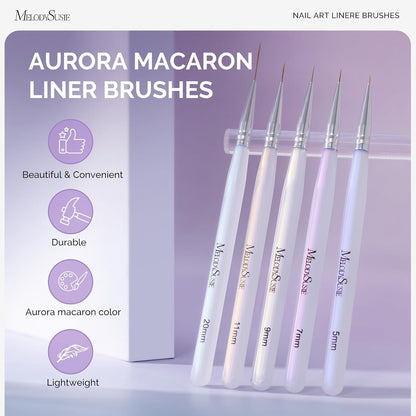 MelodySusie 5Pcs Nail Art Liner Brushes Professional Gel Polish Painting Art Design Pen Set for Thin Long Lines, Tiny Details, Fine Drawing, Delicate Coloring Sizes 5/7/9/11/20mm