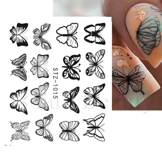New Butterfly Nail Stickers Water Transfer Decals Colorful Blue Black Design Nail Art Manicure Sliders Wraps Foils (STZ-1015)